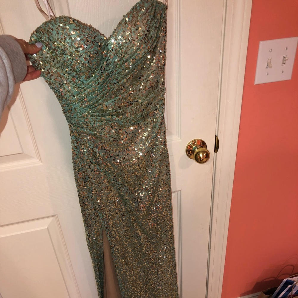 Green and gold sequin prom dress